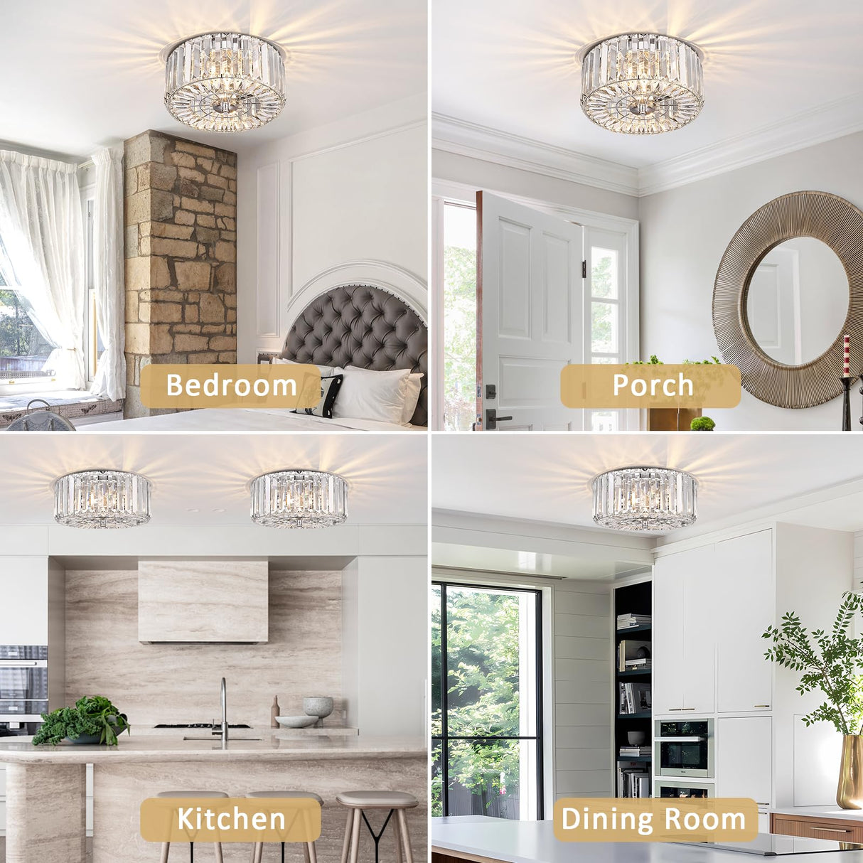 pasentel Farmhouse Crystal Round Flush Mount Modern Close to Ceiling Light Fixture, Drum Shade Ceiling Lights 2-Light Ceiling Lamp for Kitchen Island Dinning Room Bedroom Hallway, XDD007-2-CH pasentel