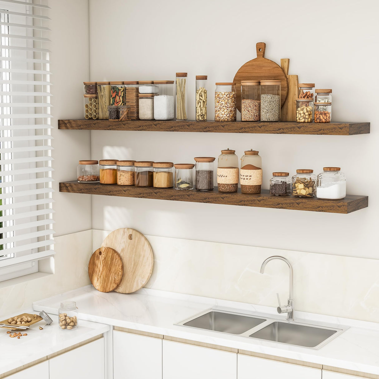 RICHFOCUS 72Inch Floating Shelves for Wall 2 Pack Shelves for Bedroom|Kitchen|Bathroom Wall Mounted Rustic Wood Floating Shelf with Invisible Brackets for Books|Storage|Decor, Rustic Brown RICHFOCUS