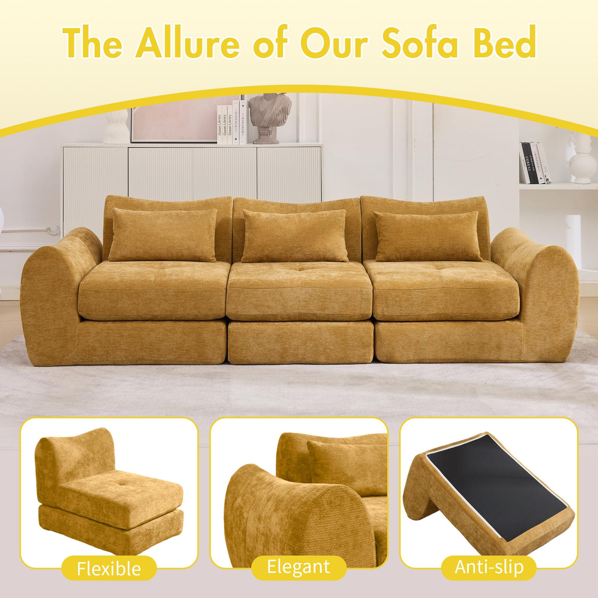 MAXMAXX 102" Modular Sectional Cloud Sofa,4-in-1 Folding Convertible Sofa Bed, Floor Boneless Couch, Modular Cushion Couch,Suitable for Living Room,Bedroom and Recreation Room(Yellow) MAXMXX