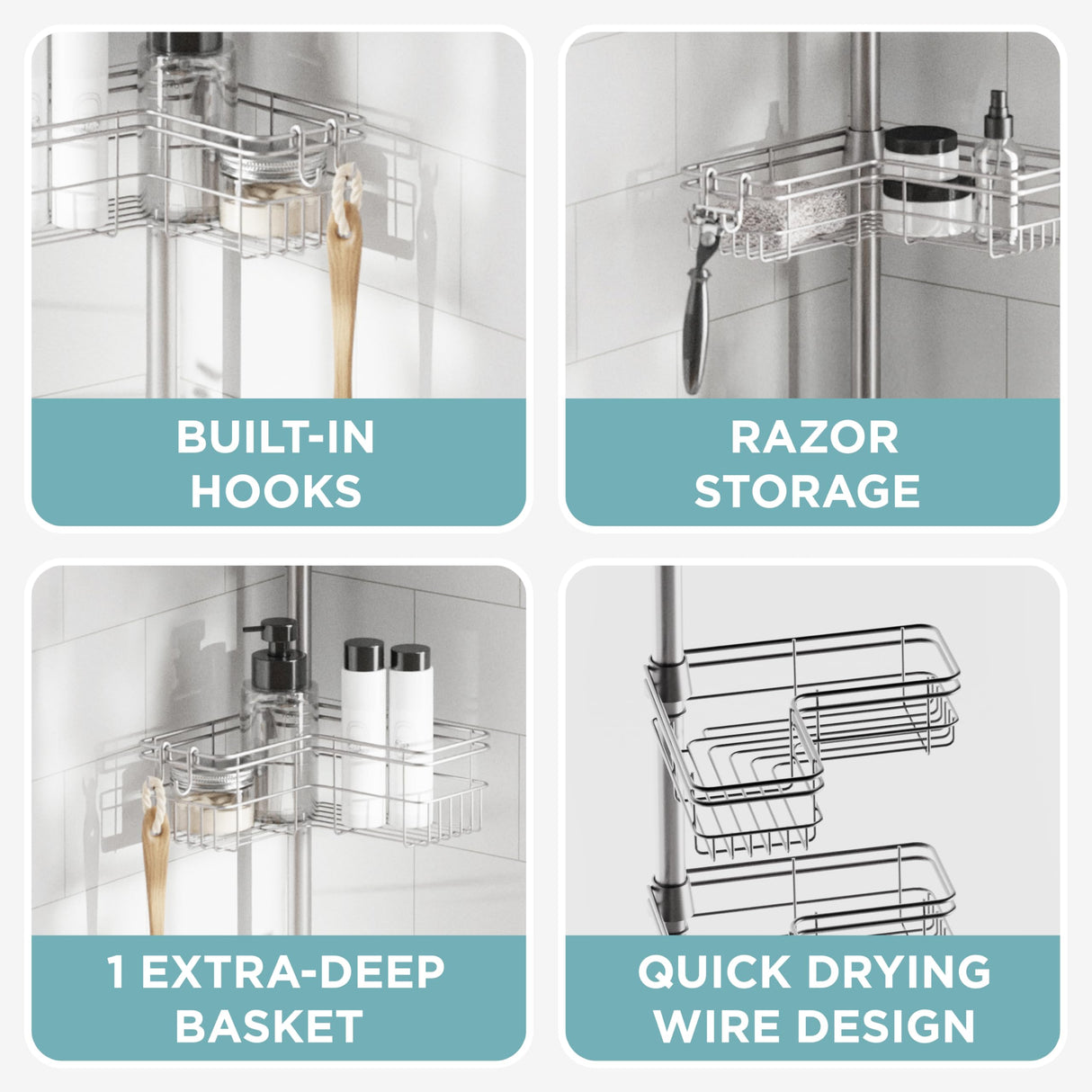 Zenna Home Tension Pole Shower Caddy Corner Organizer, Adjustable Standing Shower Caddy with 4 L-shaped Baskets and Hooks, Rust Resistant Bathroom Tension Rod Organizer, 60 to 97 Inch, Satin Nickel Zenna Home