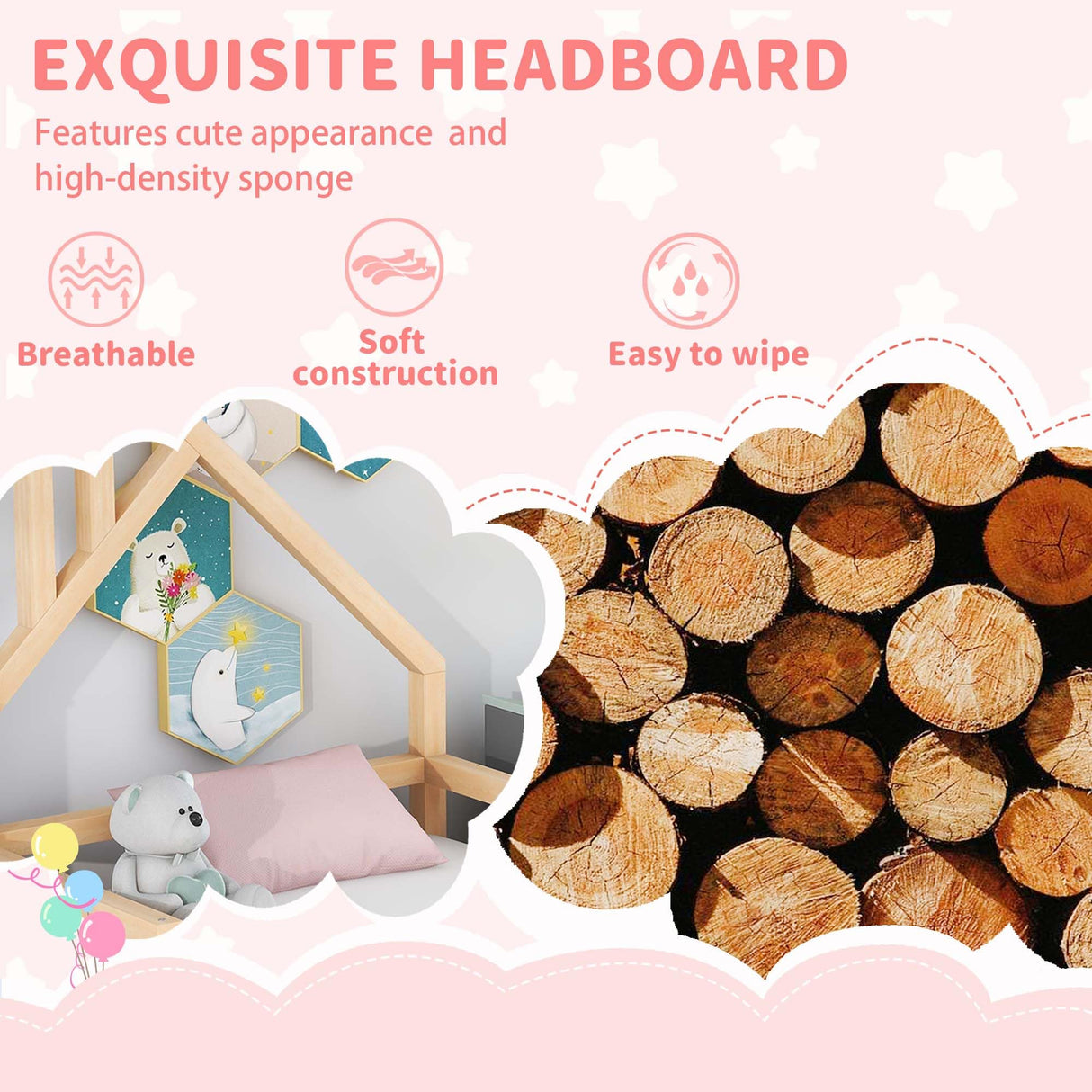 Bellemave Twin Size Montessori Floor Bed with House-Shaped Headboard and Railings in Natural Finish Bellemave