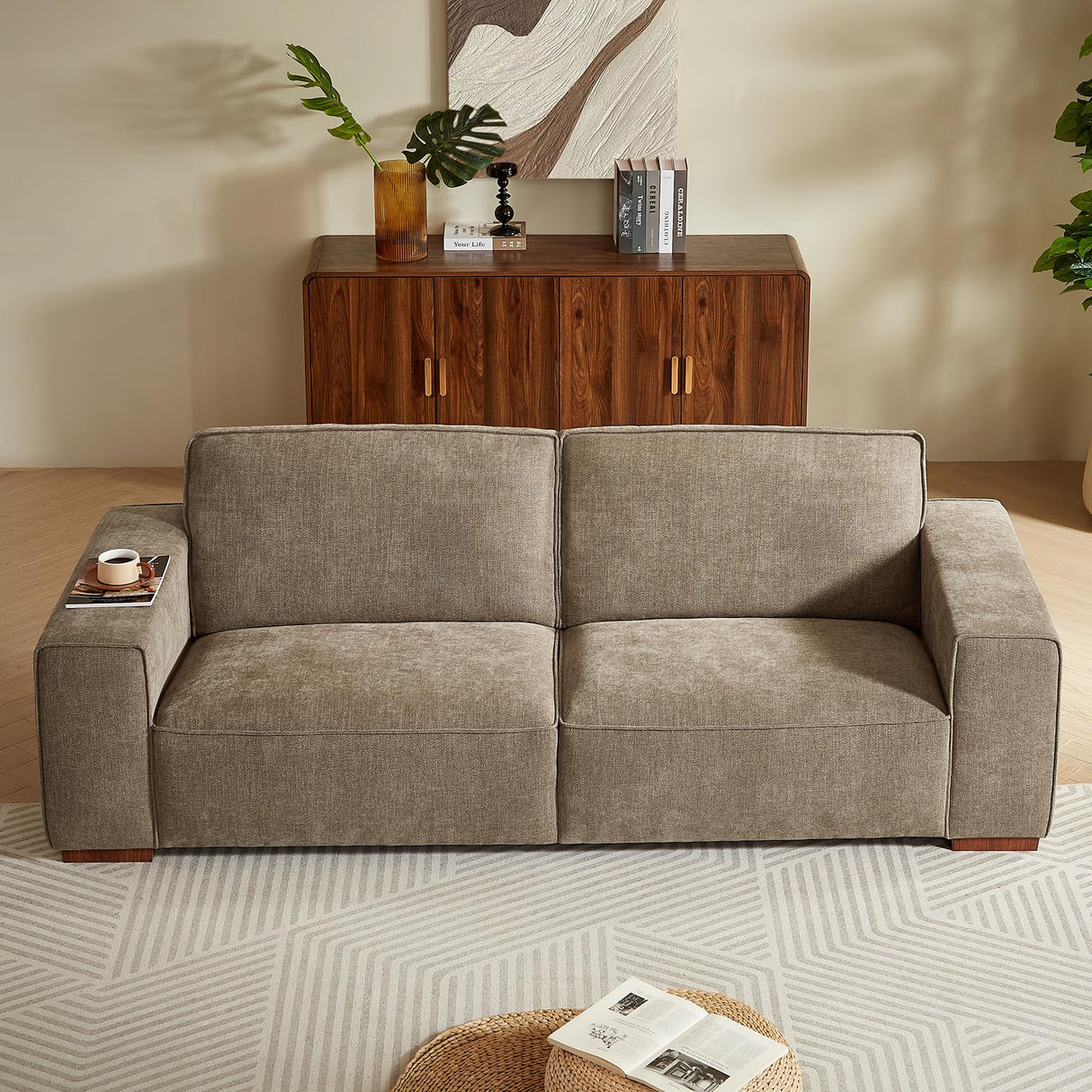 ONBRILL 90" Oversized Sofa, 23" Deep Seat Couch with Wide Arms, Chenille Fabric Couch w/Comfortable Cushion Back, Modern Upholstered Loveseat, Easy Assembly, Comfy Couch for Living Room, Office, Brown ONBRILL