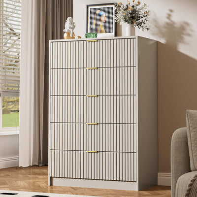 MAISONARIA 5 Drawer Dresser for Bedroom, Tall Dresser Chest of Drawers with Gold Handles, 32 Inch Wide Nightstand with for Bedroom, Living Rooms, Offices, and Entryways, Beige