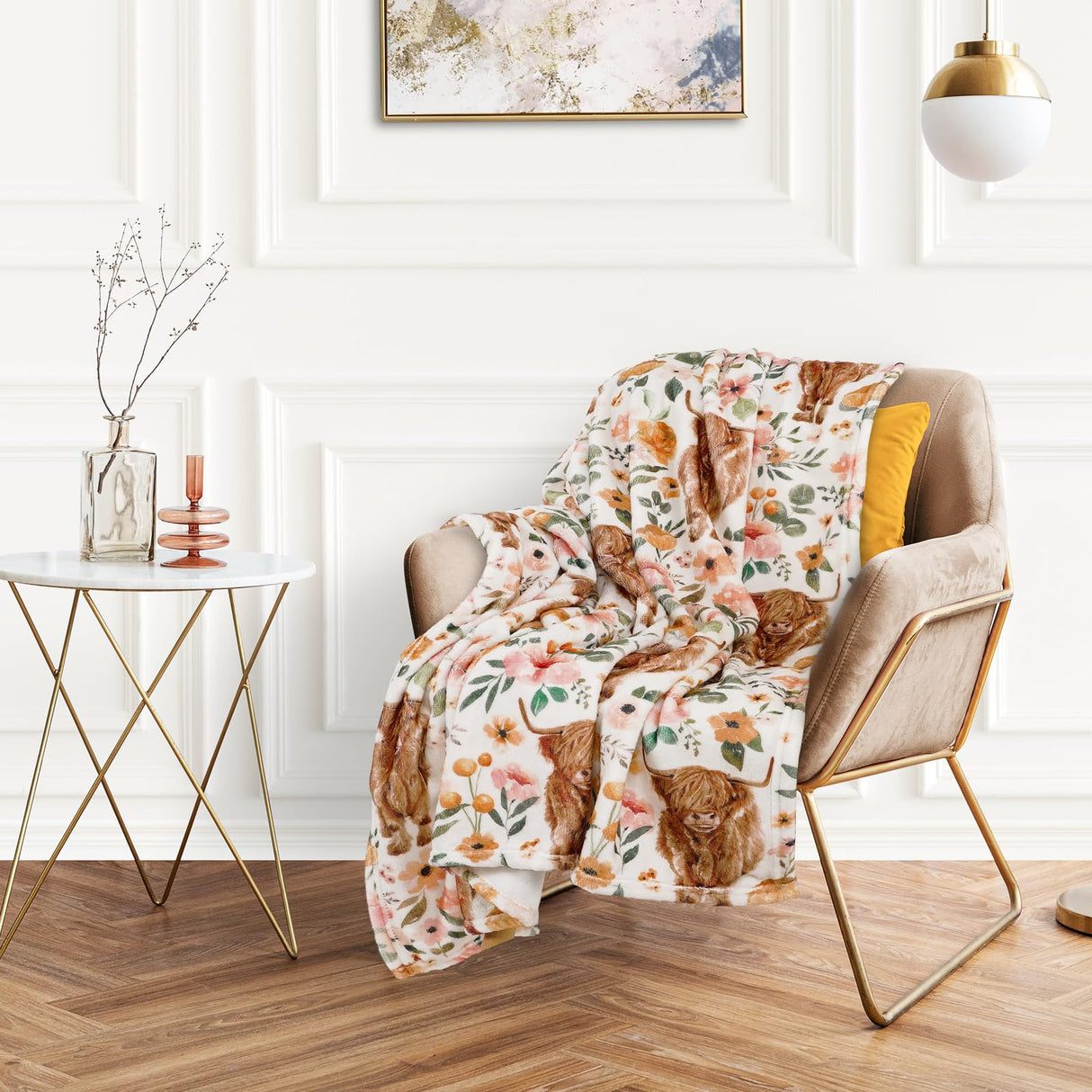 JarThenaAMCS Floral Highland Cow Fuzzy Flannel Blanket 60 x 70 Inch Farmhouse Throw Blanket Watercolor Flower Cow Blanket for Home Chair Sofa Couch Bed JarThenaAMCS
