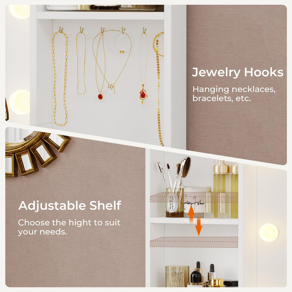 Hasuit 48.8'' Large Vanity Desk with Lighted Mirror & Power Outlet, White Makeup Vanity Table with 6 Drawers, 4 Shelves and 1 Storage Cabinet, Glass Tabletop Bedroom Dressing Table, 3 Lighting Modes Hasuit