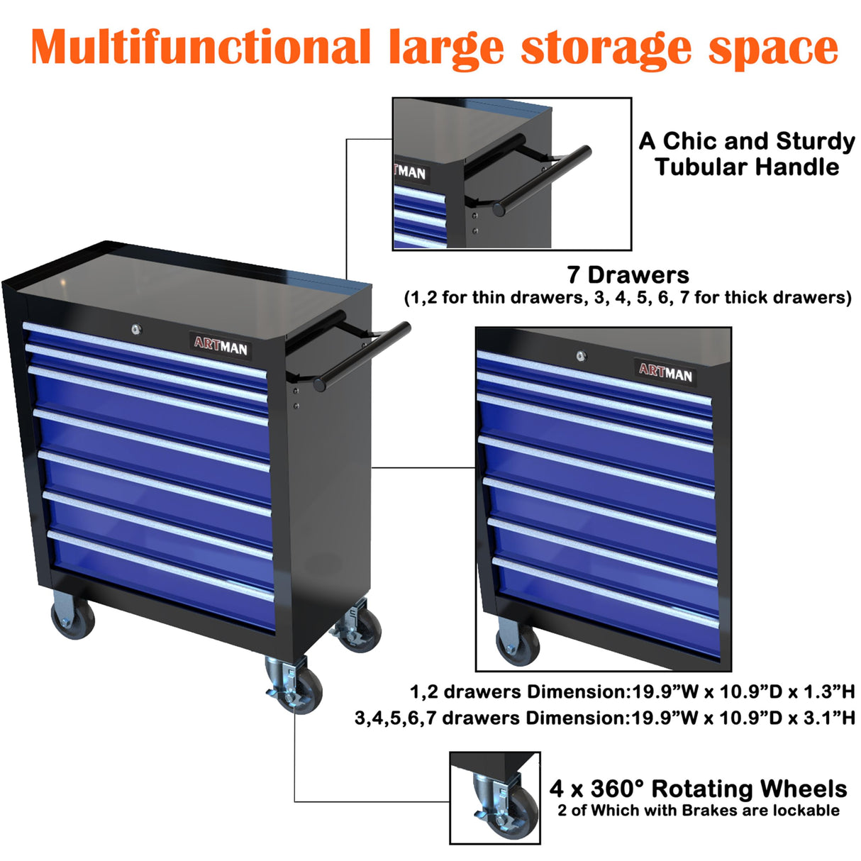 nifoti 7 Drawers Tool Cart on Wheels,Multifunctional Rolling Tool Chest Tool Storage,Drawers Rolling Tool Trolley Organizer Tool Case for Garage, Warehouse, Workshop, Repair Shop (Black+Blue) nifoti