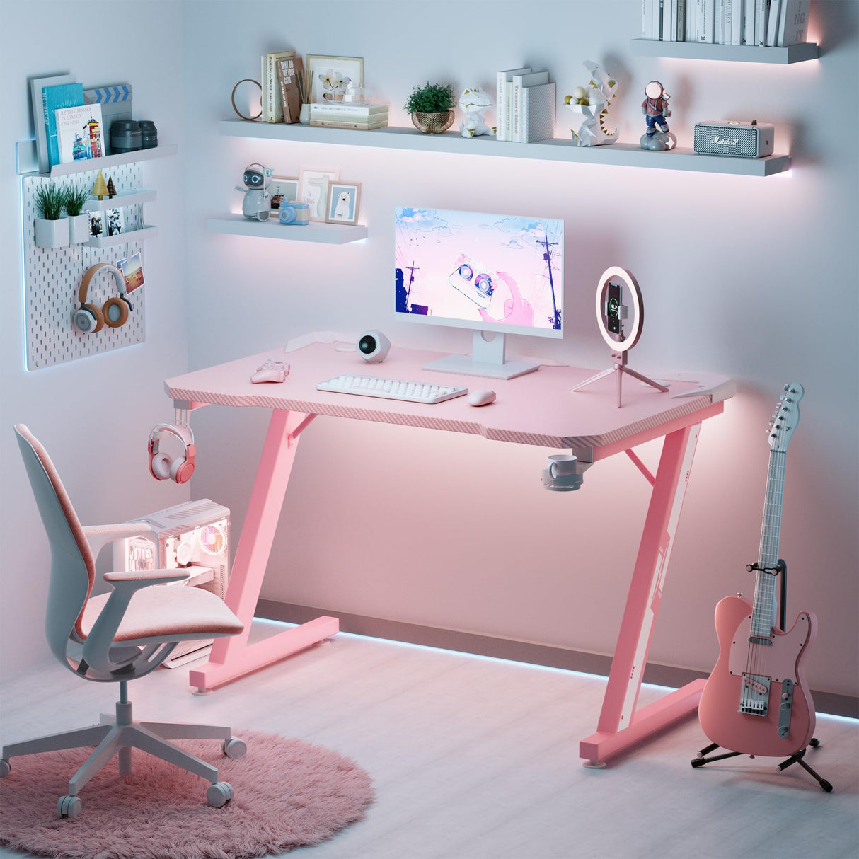 Furmax Gaming Desk Computer Desk Z-Shaped Gaming Table with Carbon Fibre Surface Home Office Desk PC Workstation Desk with Cup Holder, Headphone Hook Modern Style Desk (Pink, 44 inch) Furmax
