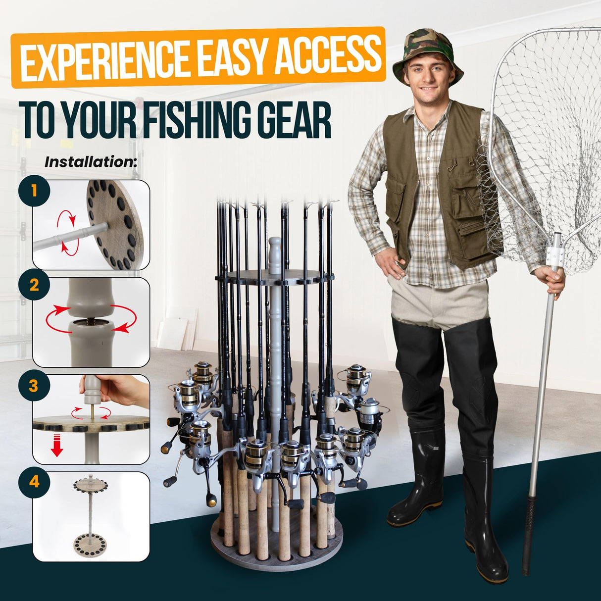 Rush Creek Creations | Fishing Rod Holder for 16 Fishing Poles, Garage Organization and Storage, for Reels, Gear, Accessories, Tackle Box Rush Creek Creations