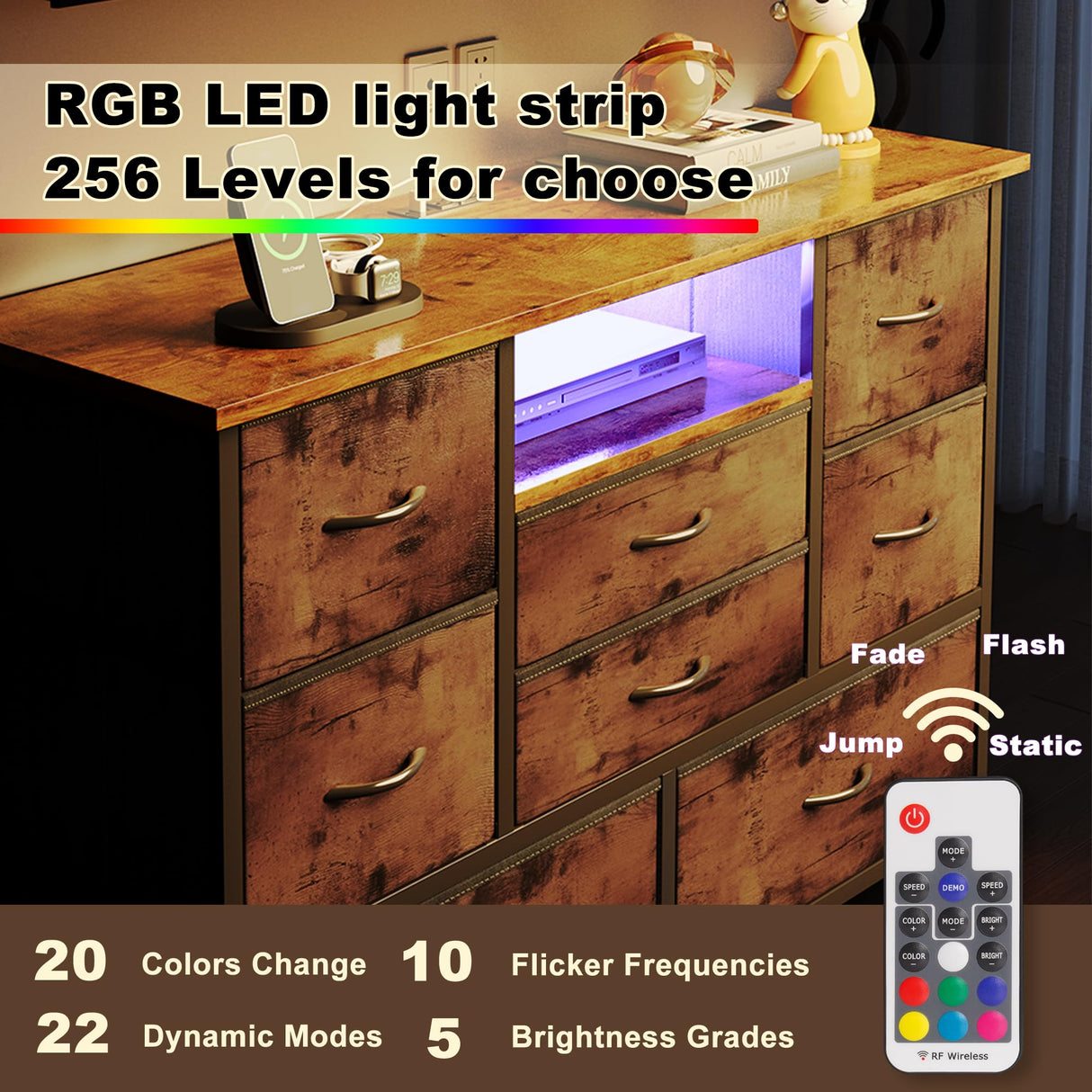 EKNKOZY Dresser TV Stand with 8 Drawers, Dresser TV Stand with LED Lights & Power Outlets, Bedroom Dresser, Chest of Drawers for 55'' Long TV, Wide Fabric Dresser (Rustic Brown) EKNKOZY