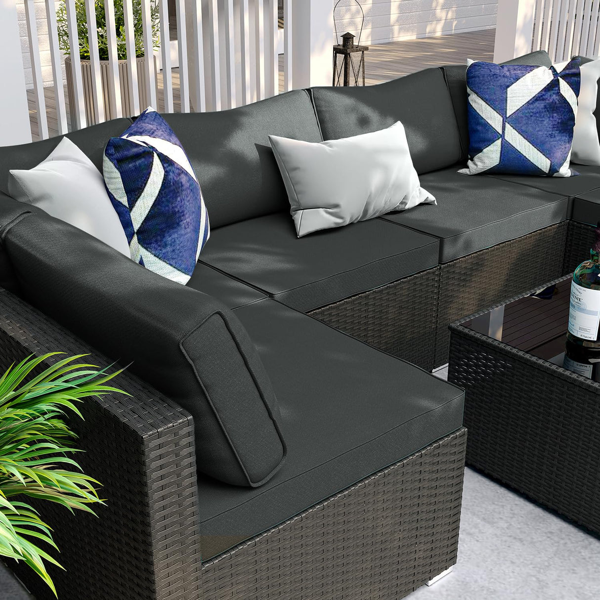 ELEGIBLISS 7 Pieces Patio Furniture Set - Outdoor Sectional Wicker Rattan Furniture with Cushion and Glass Table Patio Conversation Sets for Porch Poolside Backyard Outdoor Sofa Set Modular Sofa ELEGIBLISS