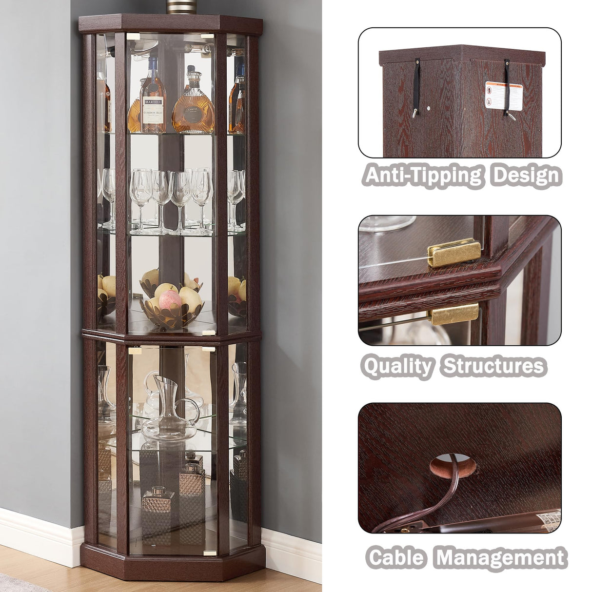 XZTUAJ 69" H Lighted Curio Cabinet Corner Display Case, Corner Glass Cabinet with Adjustable Shelves and Tempered Glass, Wooden Corner Curio Cabinet w/Mirrored Back Pane for Living Room (Dark Cherry) XZTUAJ