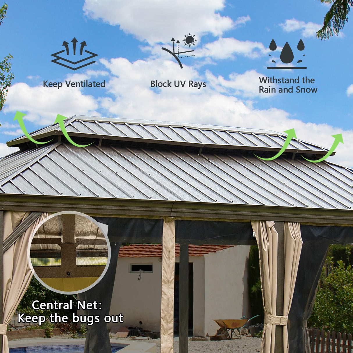 Domi Outdoor Living 12’ X 18’ Hardtop Gazebo, Outdoor Aluminum Frame Canopy with Galvanized Steel Double Roof, Outdoor Permanent Metal Pavilion with Curtains and Netting for Patio, Backyard and Lawn domi outdoor living