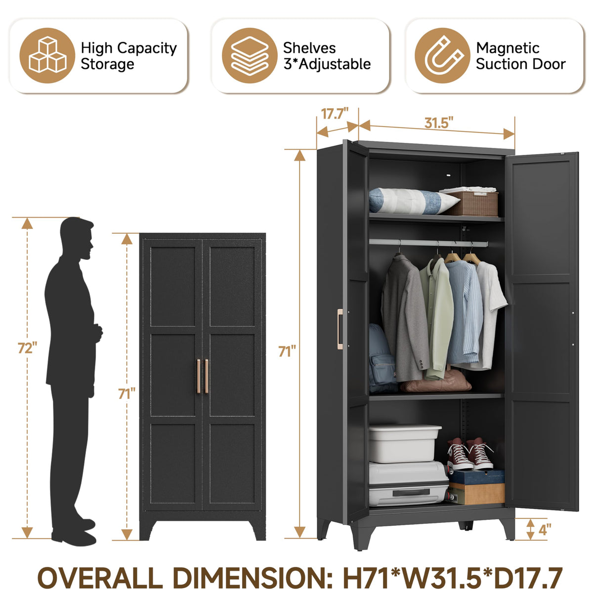 71" Metal Wardrobe Cabinet with Hanging Rod, Metal Clothing Storage Cabinets with 2 Doors and Adjustable Shelves, Armoire Wardrobe Closet for Bedroom, Laundry Room, Cloak Room, Black Bestoo