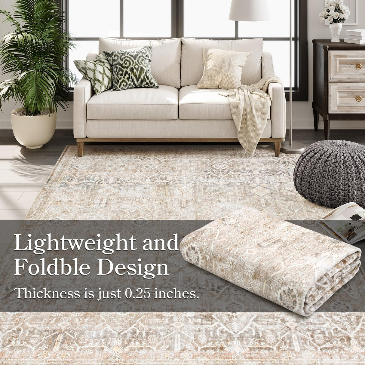 Collive Washable Area Rug 8x10, Neutral Boho Rugs for Living Room Rugs 8x10 Non Slip Farmhouse Modern Bedroom Carpet Stain Resistant Aesthetic Print Accent Floor Mat for Dining Guest Office - Beige Collive