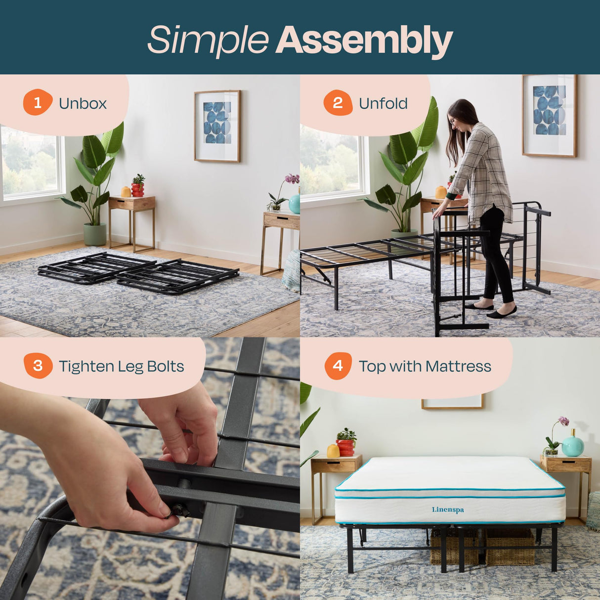Linenspa Folding Metal Platform Bed Frame - No Box Spring Needed - Underbed Storage - Simple Tool Free Assembly - Mattress Foundation - 14" High - Traditional Design - Sturdy Steel - Queen Size Linenspa