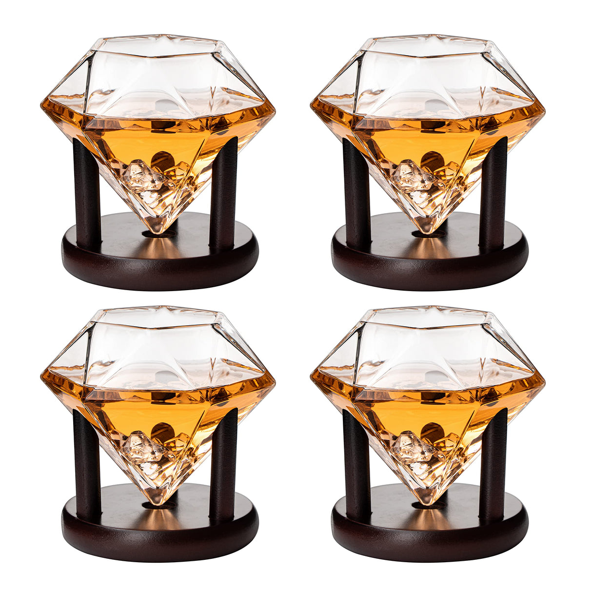 Set of 4 Diamond Whiskey & Wine Glasses With Wood Stands 10oz - Wine, Whiskey, Water, Diamond Shaped, Diamonds Collection Sparkle Patented Wine Savant - Stands Alone, Or on Stand, Cocktail Barware The Wine Savant