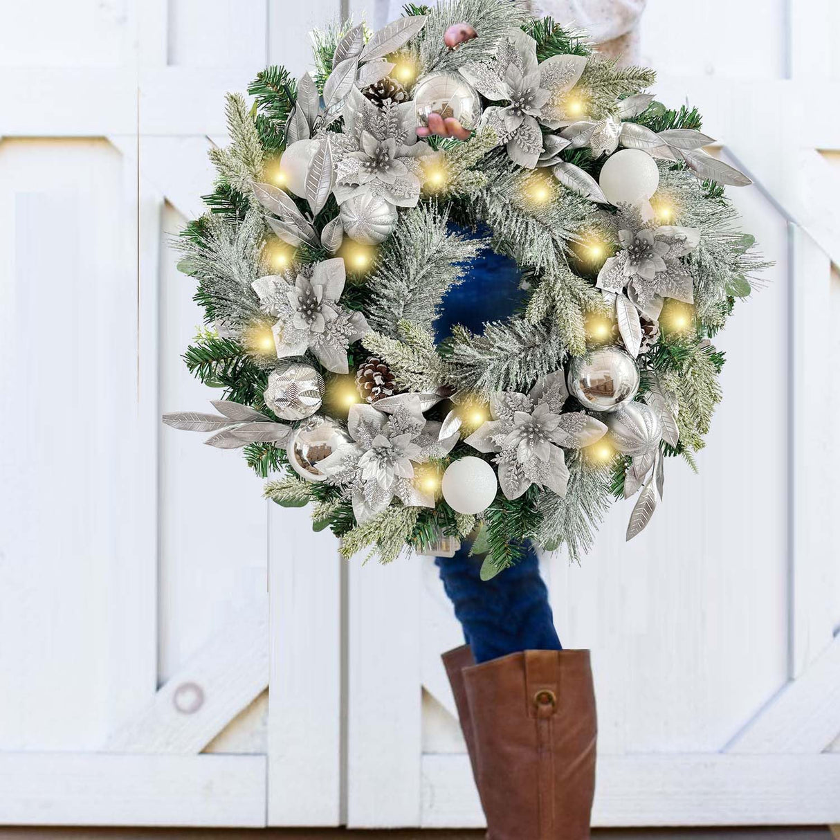 WANNA-CUL Pre-Lit 24 Inch Lighted Christmas Wreath for Front Door Decor with Silver White Christmas Ball Ornaments and Poinsettia Flowers,Battery Operated 30 LED Lights WANNA-CUL