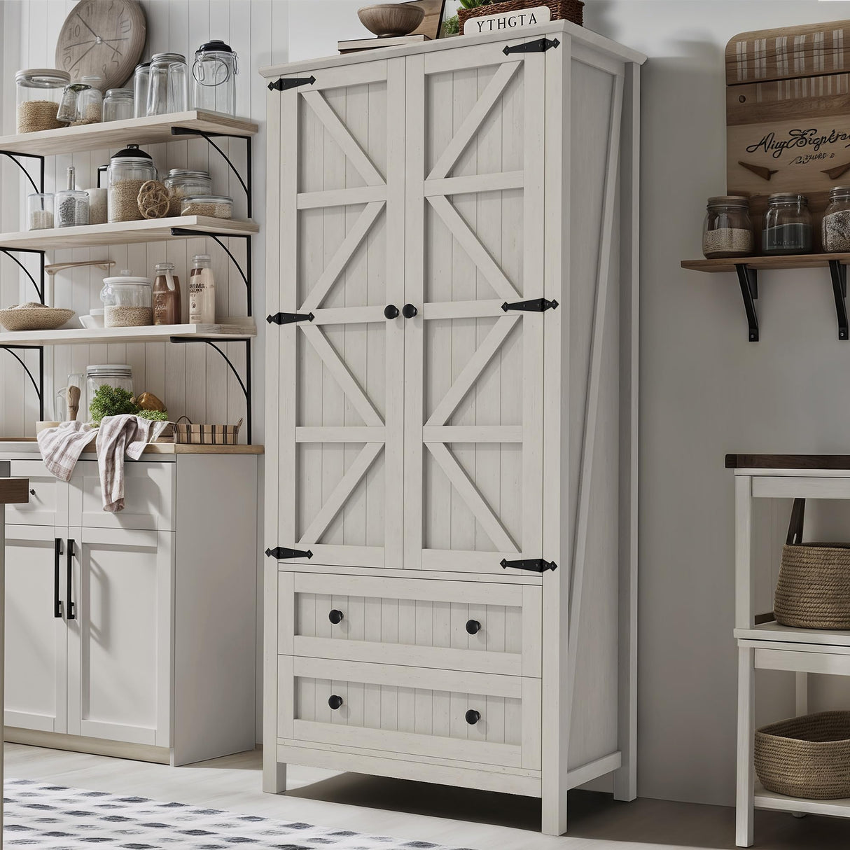 YITAHOME Farmhouse Kitchen Pantry Cabinet, 64.5" Tall Storage Cabinet with 2 Drawers & Adjustable Shelves, Ideal for Kitchen, Living Room, or Entryway, White YITAHOME