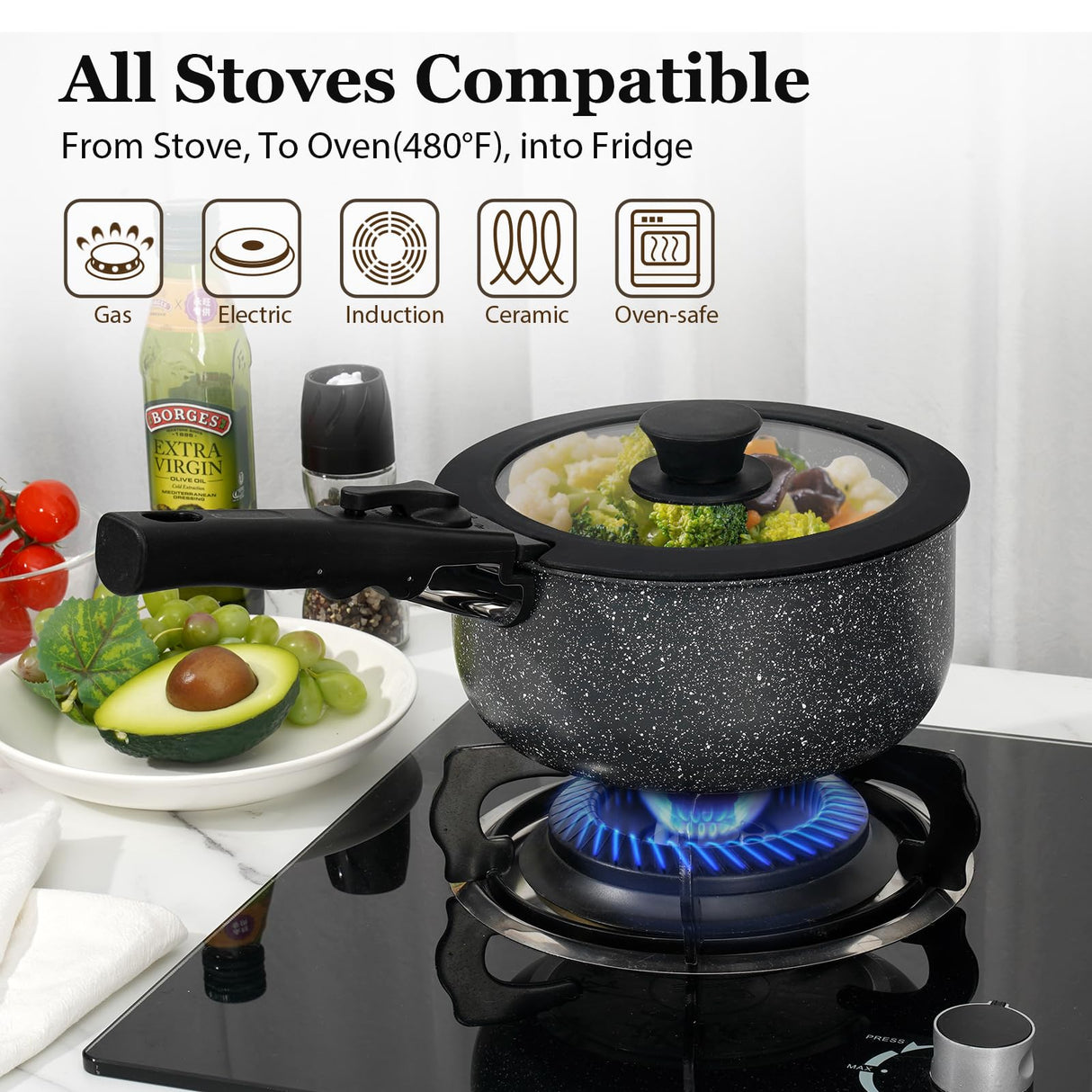 SODAY 15Pcs Pots and Pans Set Non Stick, Cookware Sets with Detachable Handle, Nonstick RV Kitchen Cooking Tools Removable Handles, Oven Safe, Induction Fast, Stackable Induction Cookware,Black SODAY