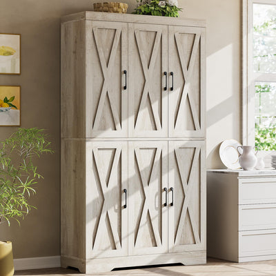 ANCTOR Kitchen Pantry Cabinet with LED Lights, 6 Barn Doors, 71.3" H ×39.4" W, Large Wooden Storage Cabinet with 12 Shelves, Freestanding Cupboard with Door Storage Rack for Dining Room, Rustic Maple