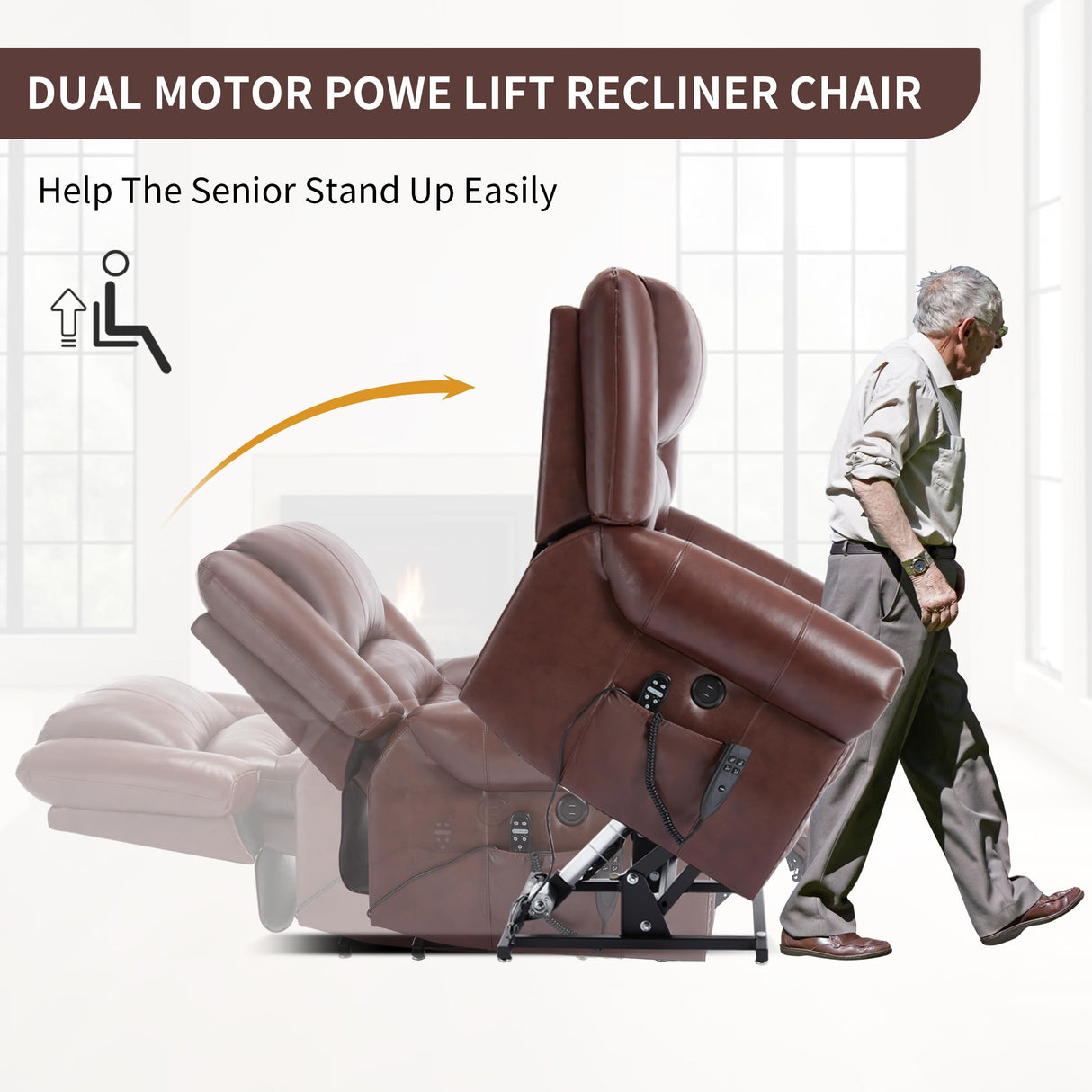 Dual Motor Power Lift Chair, Lay Flat Recliner Chair, Electric Recliner with Massage and Heat for Elderly, Remote Control, Infinite Position, Standing Assistance, USB Ports (Red, Genuine Leather) Trustyue