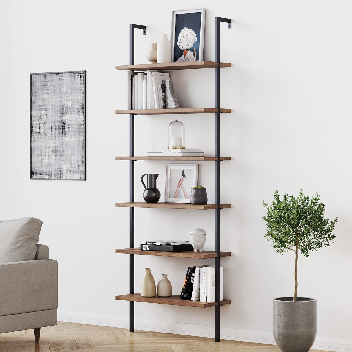Nathan James Theo 6-Shelf Tall Bookcase, Wall Mount Bookshelf with Reclaimed Wood and Industrial Metal Frame, Oak/Black Nathan James