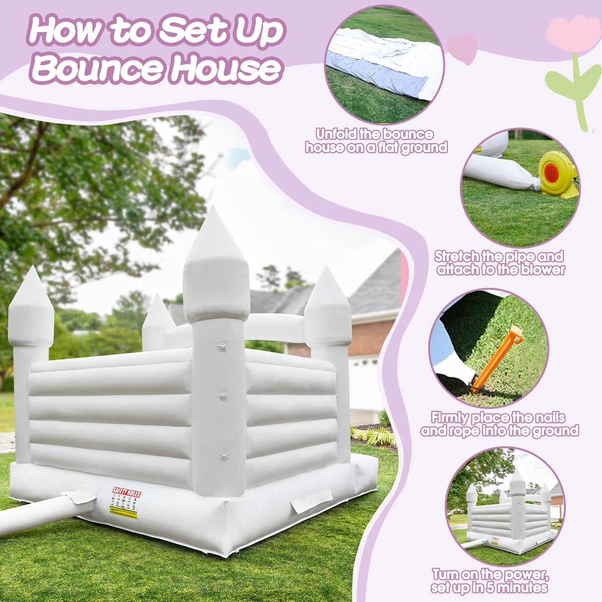 14FT PVC White Bounce House, Inflatable Bouncer for Kids, 3 in 1 Jumper Bounce House Bouncy Castle for Kids, Indoor & Outdoor, Party, with 750W Blower, Balloon, 2 Basketball Set (White, 14FT) MAPONEEN
