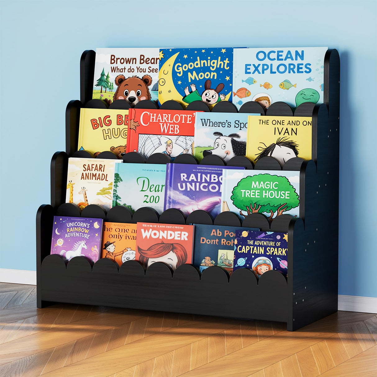 SpaceAid 4-Tier Scalloped Bookshelf, Montessori Bookcase for Toddlers, Wooden Book Shelf Organizer Display Furniture for Kids Rooms, Playroom, Nursery and Classroom, 29.6“ Wide, Black SpaceAid