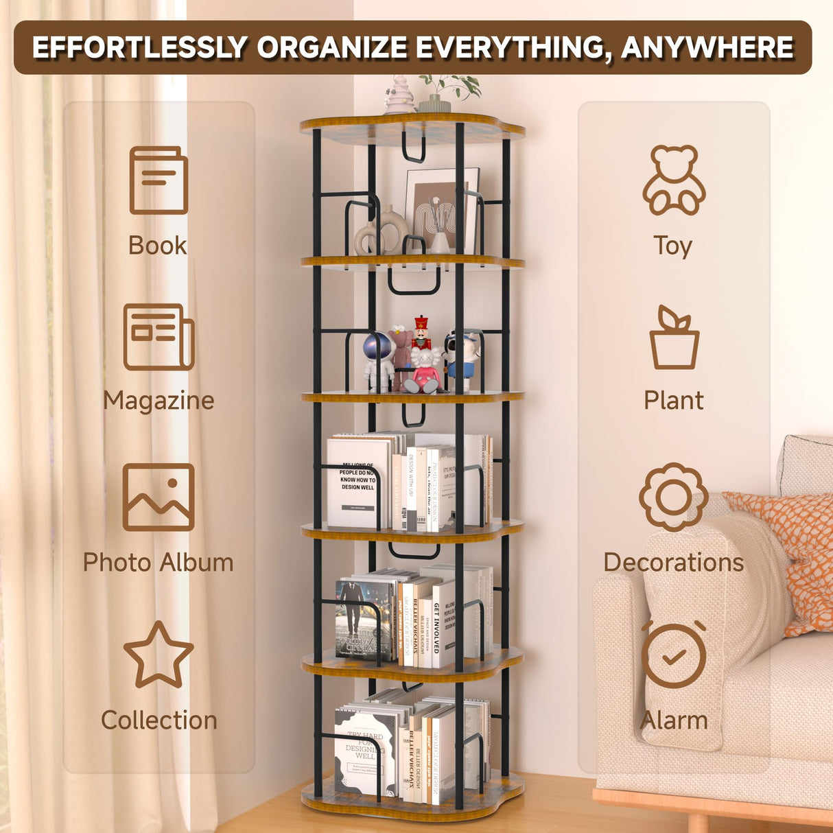 TEROL 5-Tier Rotating Book Shelf, 360° Display Spinning Bookshelf Tower, Book Organizer, Floor Standing Bookcases for Small Space, Corner Book Shelf for Bedroom, Living Room, Study Room (RUSTIC BROWN) TEROL