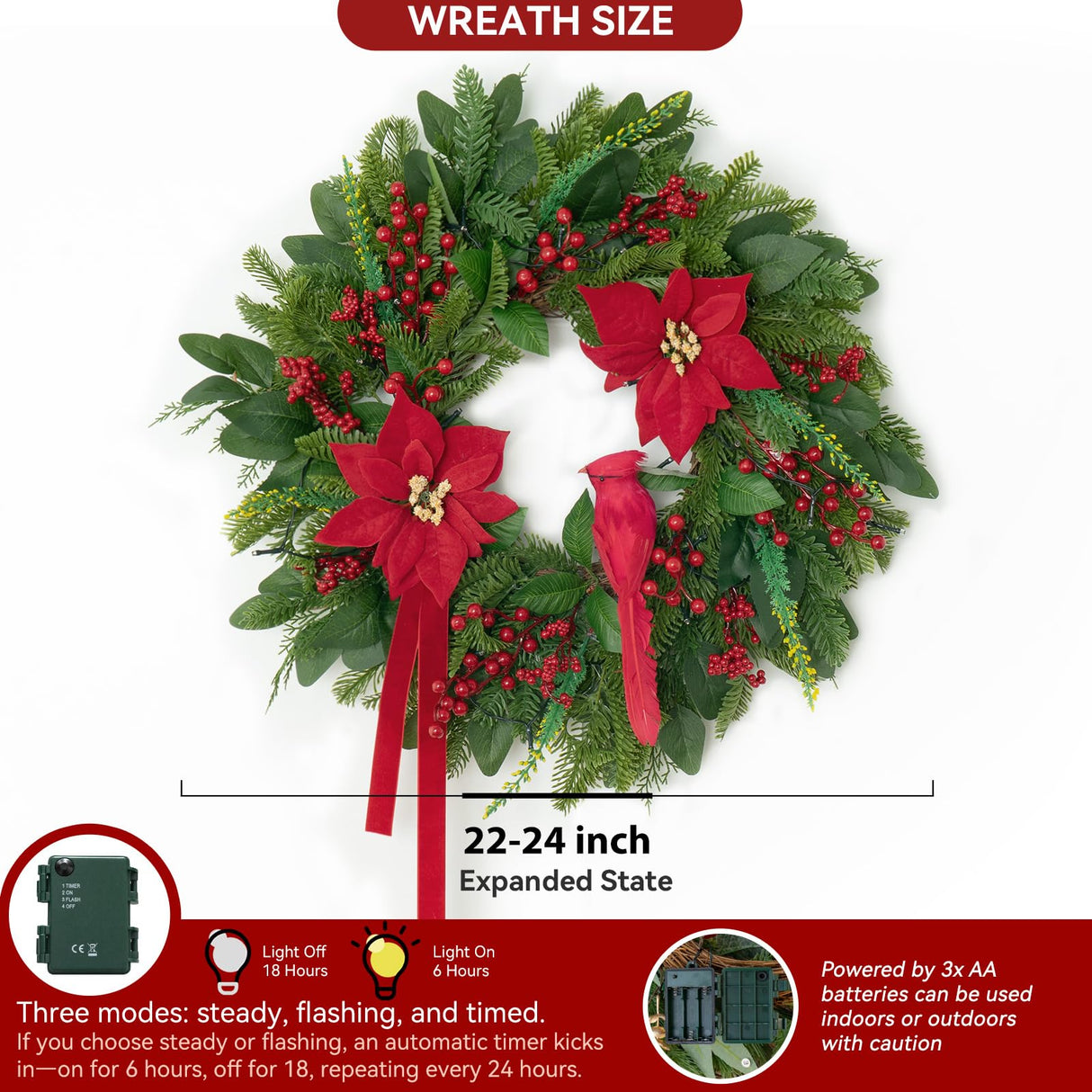 Pinkpuii Pre-Lit Christmas Wreaths for Front Door 24 Inch Christmas Wreath with Lights,Large Winter Wreath with Cardinal Birds,Poinsettia,Green Evergreen Pine Needles Red Berries Holiday Wreath Decor Pinkpuii