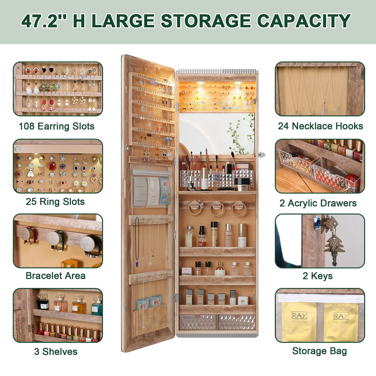 HNEBC LED Mirror Jewelry Cabinet with RGB Lights,47.2" Wall Mounted Jewelry Organizer with Full-Length Mirror,Over The Door Hanging Jewelry Armoire Storage Cabinet,Folding Dresser,2 Drawers,Lockable HNEBC