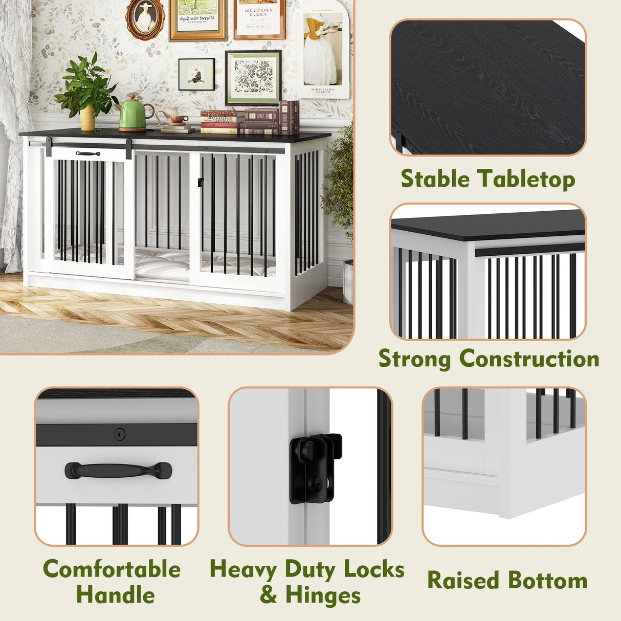 DAWNSPACES Extra Large Dog Crate Furniture, 55" Indoor Heavy Duty Dog Kennel House with Sliding Doors, Furniture Style Dog Crate Table Side End Table TV Stand for XL Large Medium Breed Dogs, White DAWNSPACES