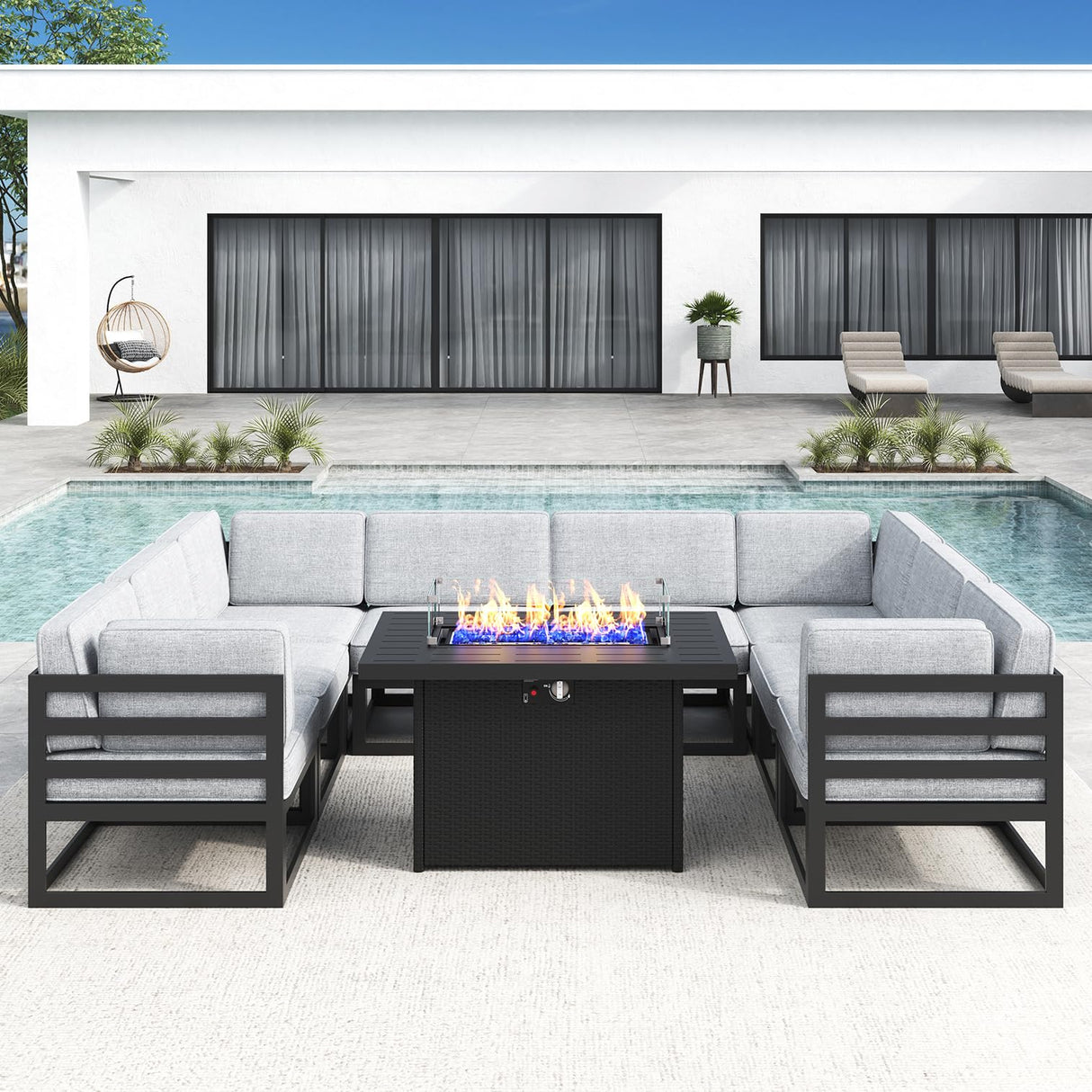 LayinSun Large Aluminum Patio Furniture Set with Fire Pit Table, 9 Pieces Modern Outdoor Conversation Set Sectional Metal Sofa Set with Olefin Cushion LayinSun
