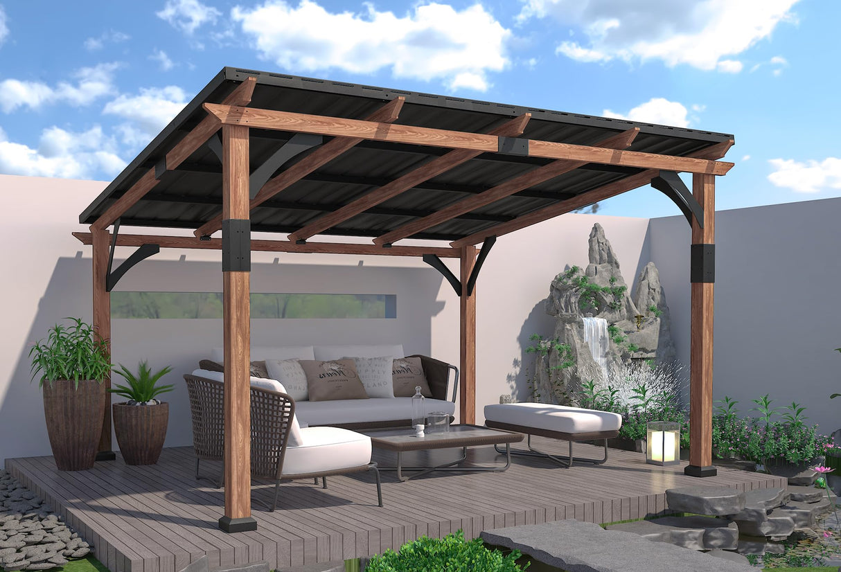 Macrout 12'x14' Outdoor Gazebo, Heavy Duty Pergola with Sloped Metal Roof and Aluminum Frame, Permanent Gazebos for Patio, Decks, Backyard, Garden, 4756 (Sloped Roof + Brown Frame, 12'x14') M MACROUT