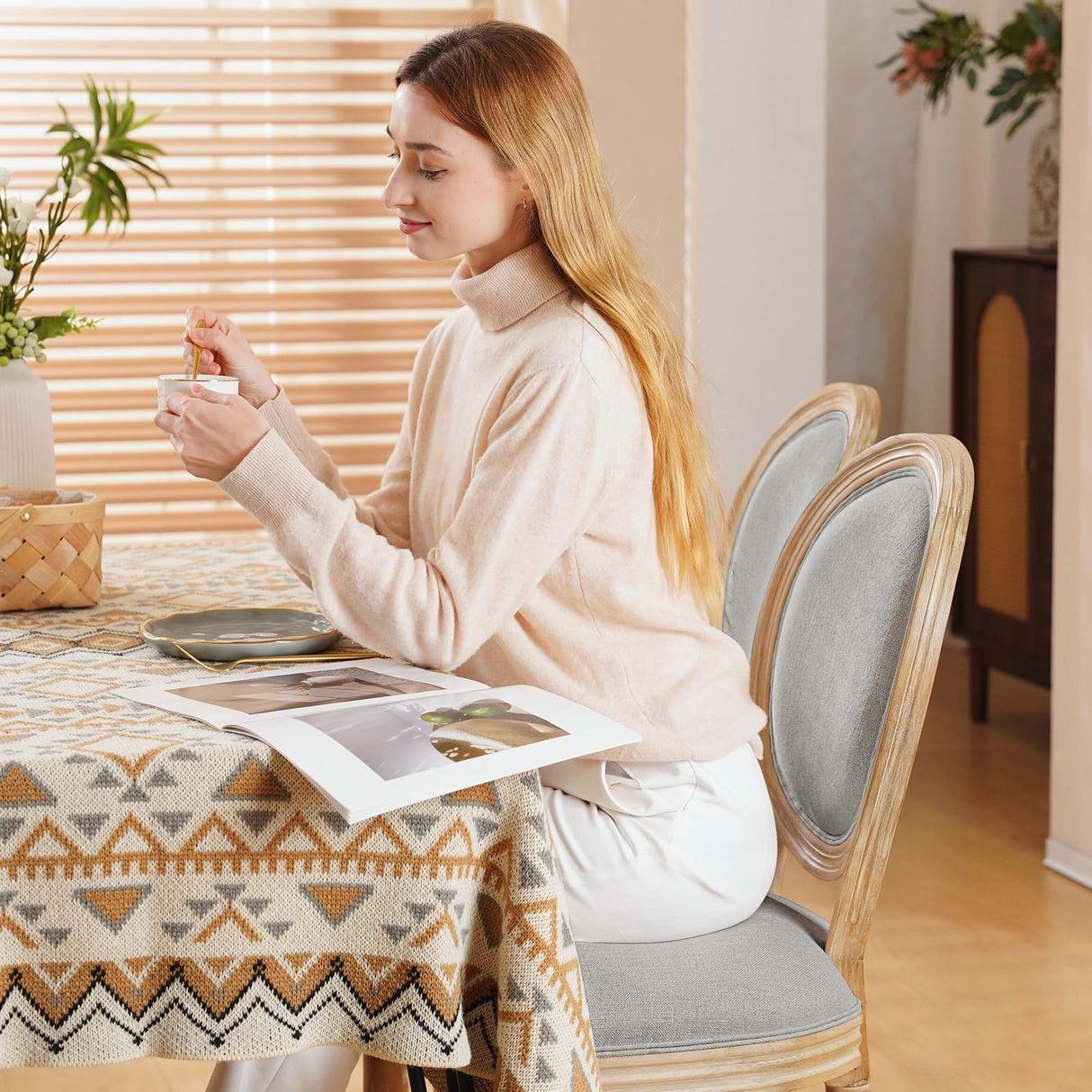 Furnimart French Country Vintage Dining Chairs Set of 6 Farmhouse Dining Chairs with Round Back and Solid Wood Legs, Oval Side Chairs for Kitchen Dining Room Living Room Furnimart