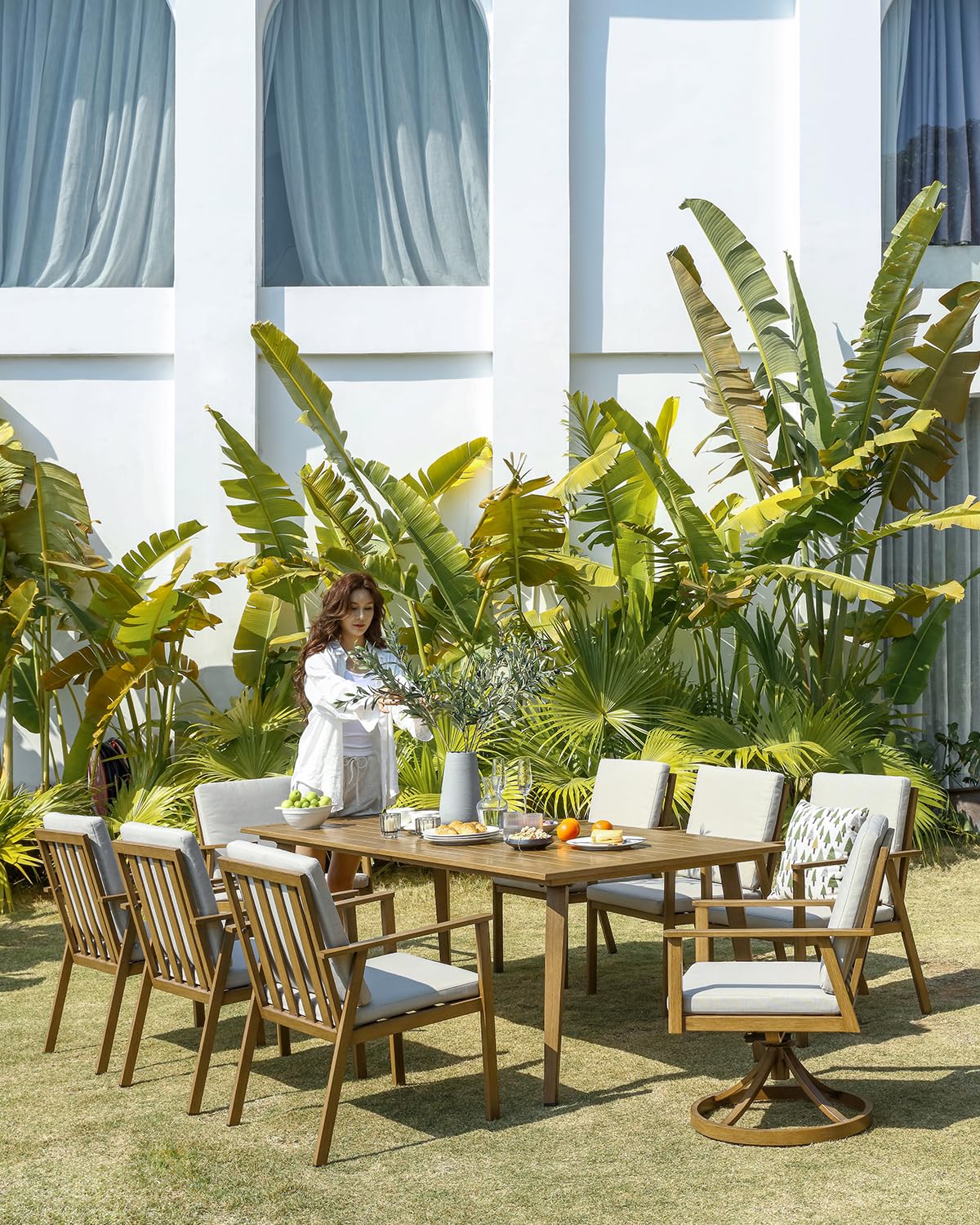 SeeHill 9 Pieces Patio Dining Set for 8, Outdoor Aluminum Dining Furniture Set with Umbrella Hole, Outdoor Patio Table Sets with 2 Swivel Chairs, 4 Dining Chairs and Table for Deck Yard Poolside, Teak SEEHILL