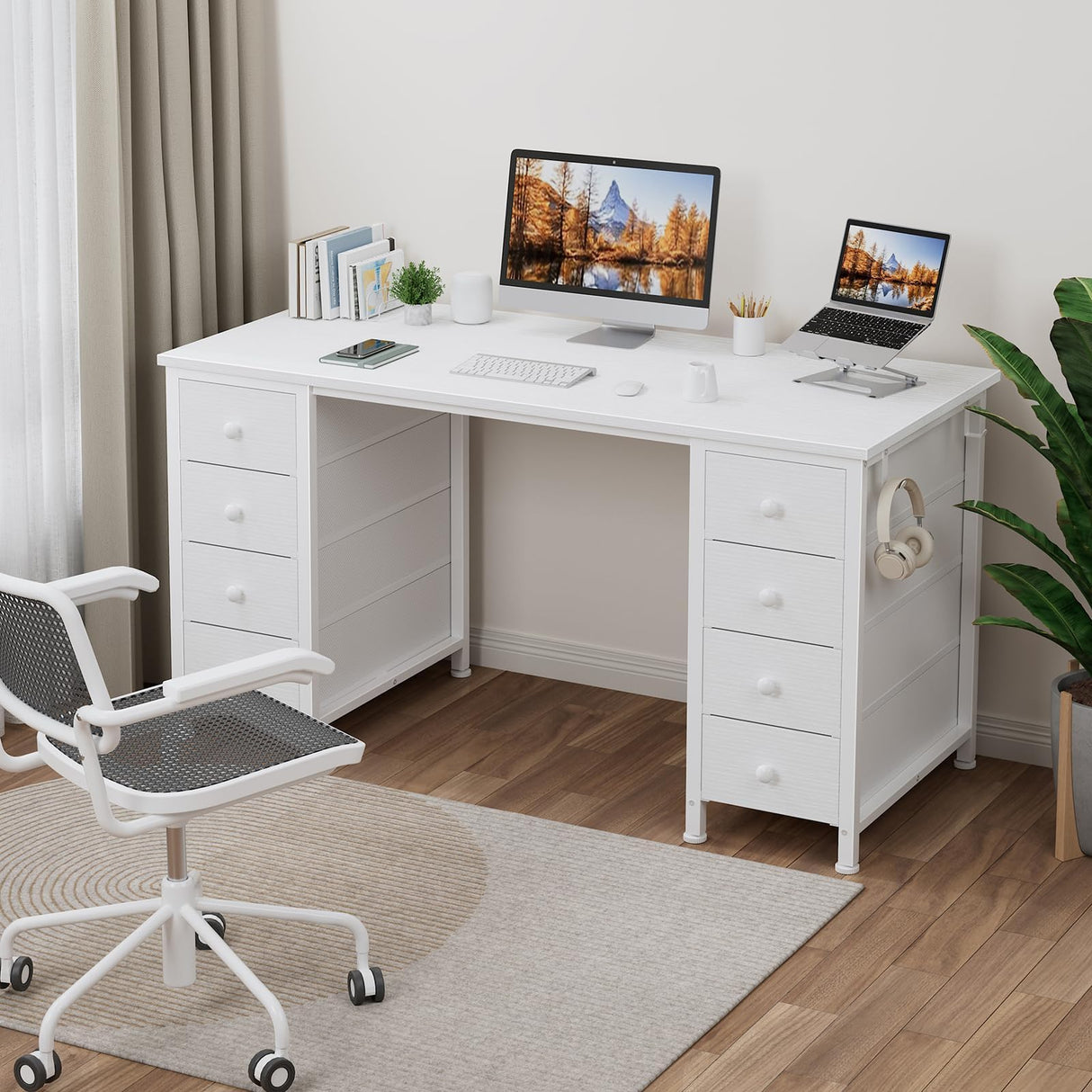 White Vanity Desk No Mirror - 47 Inch White Office Computer Desk with 8 Fabric Drawers on Both Sides for Girls, Makeup Work Writing Study Desks, Vanity Table No Mirror for Bedroom DLisiting
