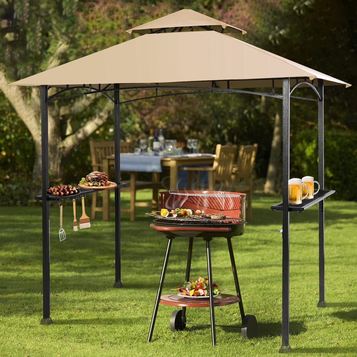Giantex Grill Gazebo, 8ft x 5ft Grill Station with Canopy, Heavy Duty Steel Frame, 2 Side Shelves, 5 Hooks, 8 Ground Stakes, Outdoor Grill Shelter Barbecue Tent for Backyard Patio Camping (Beige) Giantex