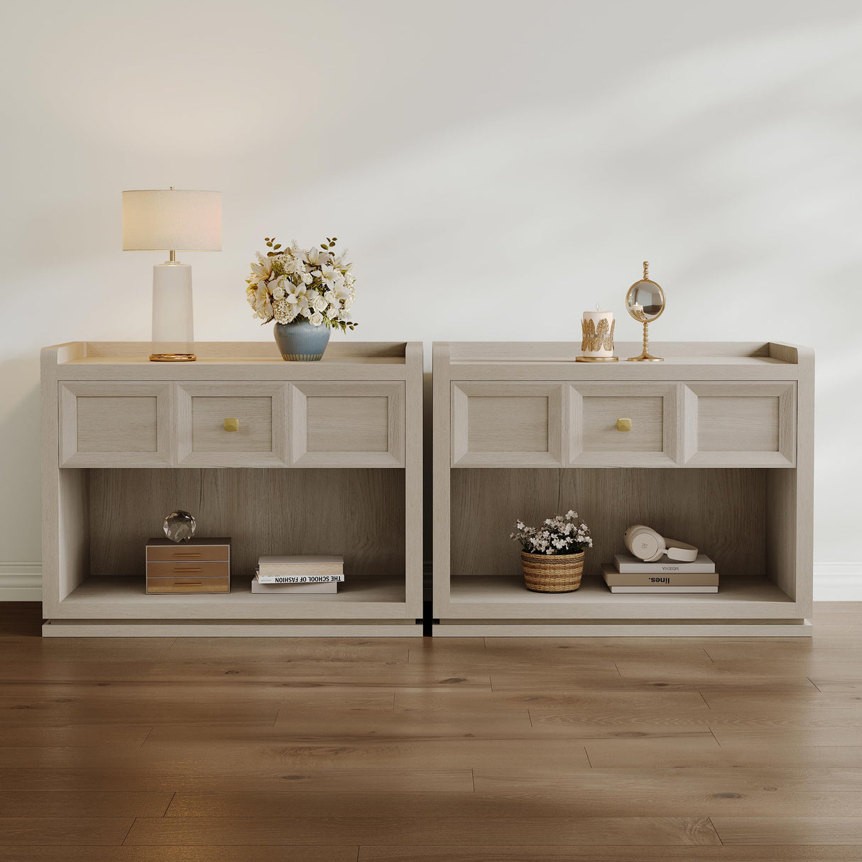 SICOTAS 31" Wide Nightstands Set of 2, Large Night Stands with Drawer, Oversized King Size Nightstand Bedside Table for Bedroom, Farmhouse End Side Table Set of 2 with Round Corners,Grey White Oak SICOTAS