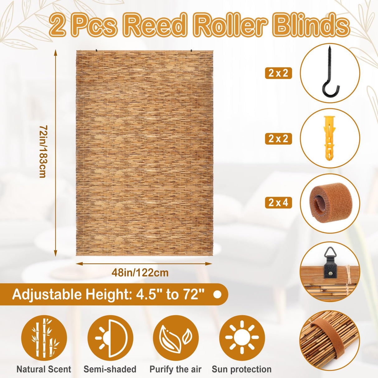 DoubleFill 2 Pcs Bamboo Shades Outdoor Reed Roll Up Blinds 48" W x 72" H Blackout Sunshade Cordless Bamboo Blinds for Home Porch, Patio & Windows Decor Shutters Sunlight Privacy Screen DoubleFill