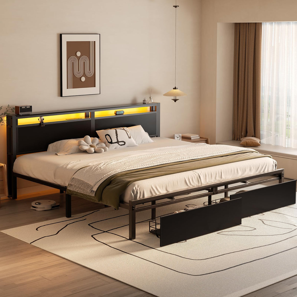Homieasy Black King Size Bed Frame with LED Headboard, 2 Storage Drawers, and Noise-Free Design Homieasy