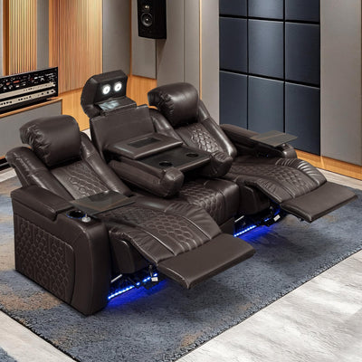 NMXUXMN Home Theater Seating,Top-Grain Leather Recliner Sofa, Zero Gravity Power Reclining Couch with Ambient LED Lights, Cup Holders & USB, Tray Table-Row of 3 with Drop Table Black