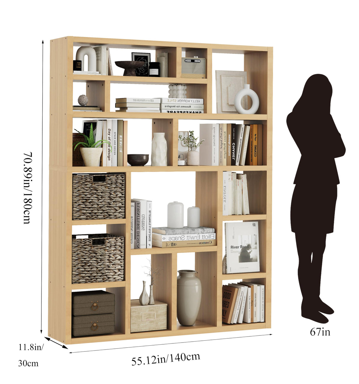 BLANKSPACE 71 Inch Tall Wooden Bookcase, 6-Tier Heavy Duty Storage Shelf with Foldable Storage Baskets - Freestanding Open Shelves for Living Room, Bedroom, Yuzu Oak BLANKSPACE