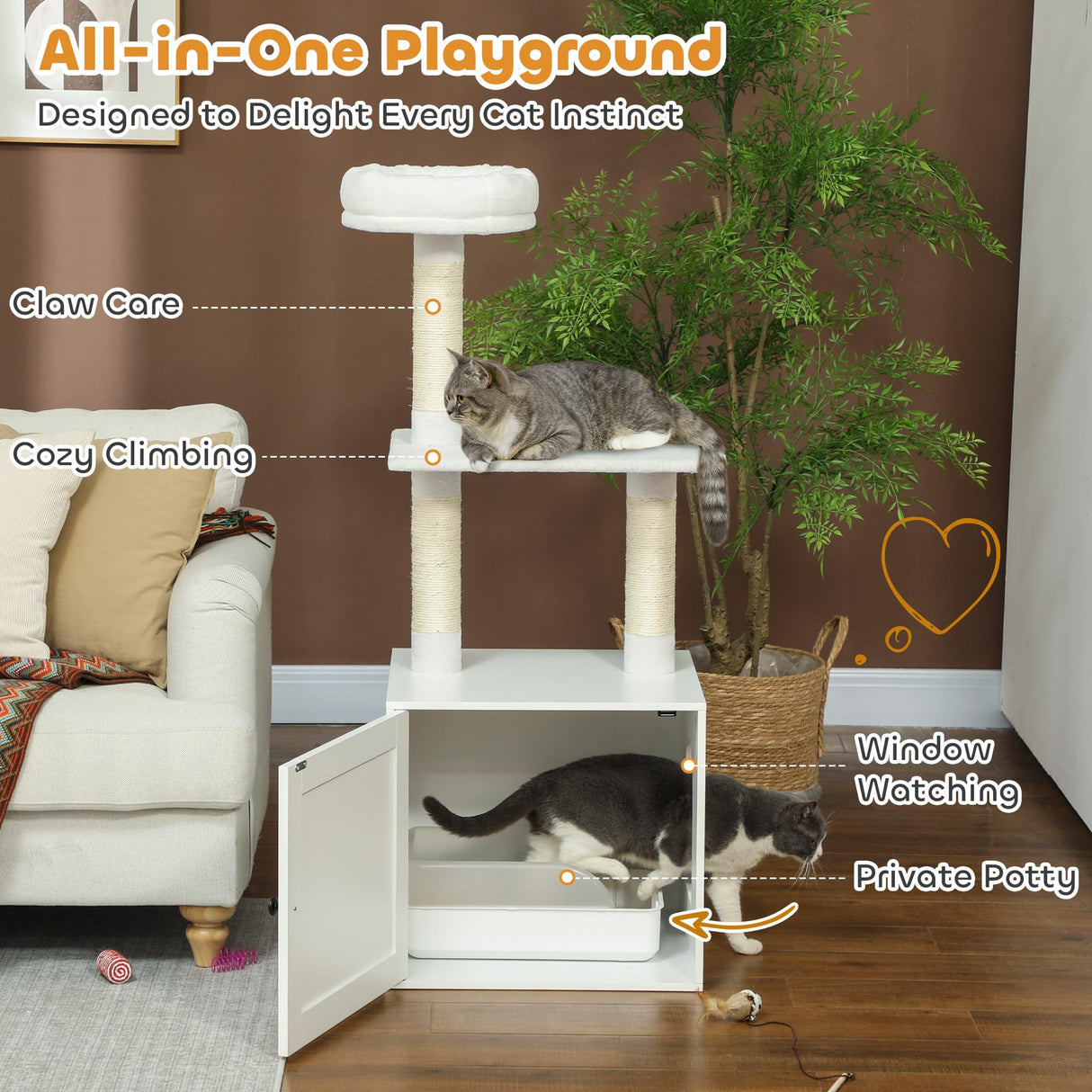 PawHut Cat Tree with Litter Box Enclosure, 2-in-1 Cat Tower for Indoor Kittens with Scratching Posts, Bed, Climbing Platforms, Modern Style Pet Furniture, White PawHut