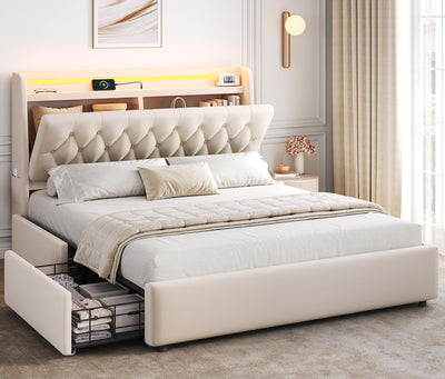 Full LED Velvet Bed Frame with 2 Storage Drawers&Hidden Headboard, Upholstered Platform Bed with Charging Station&Button Tufted Design, Wooden Slats Support, Box Spring Optional, Easy Assembly, Beige