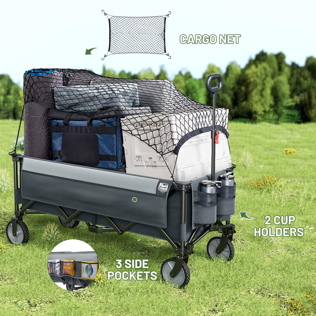 TIMBER RIDGE 51.2'' Extended Collapsible Wagon Cart with Cargo Net, 350LBS Heavy Duty Foldable Utility Wagon with Adjustable Handle, 250L Capacity Portable Cart for Camping Sports Shopping, Grey TIMBER RIDGE