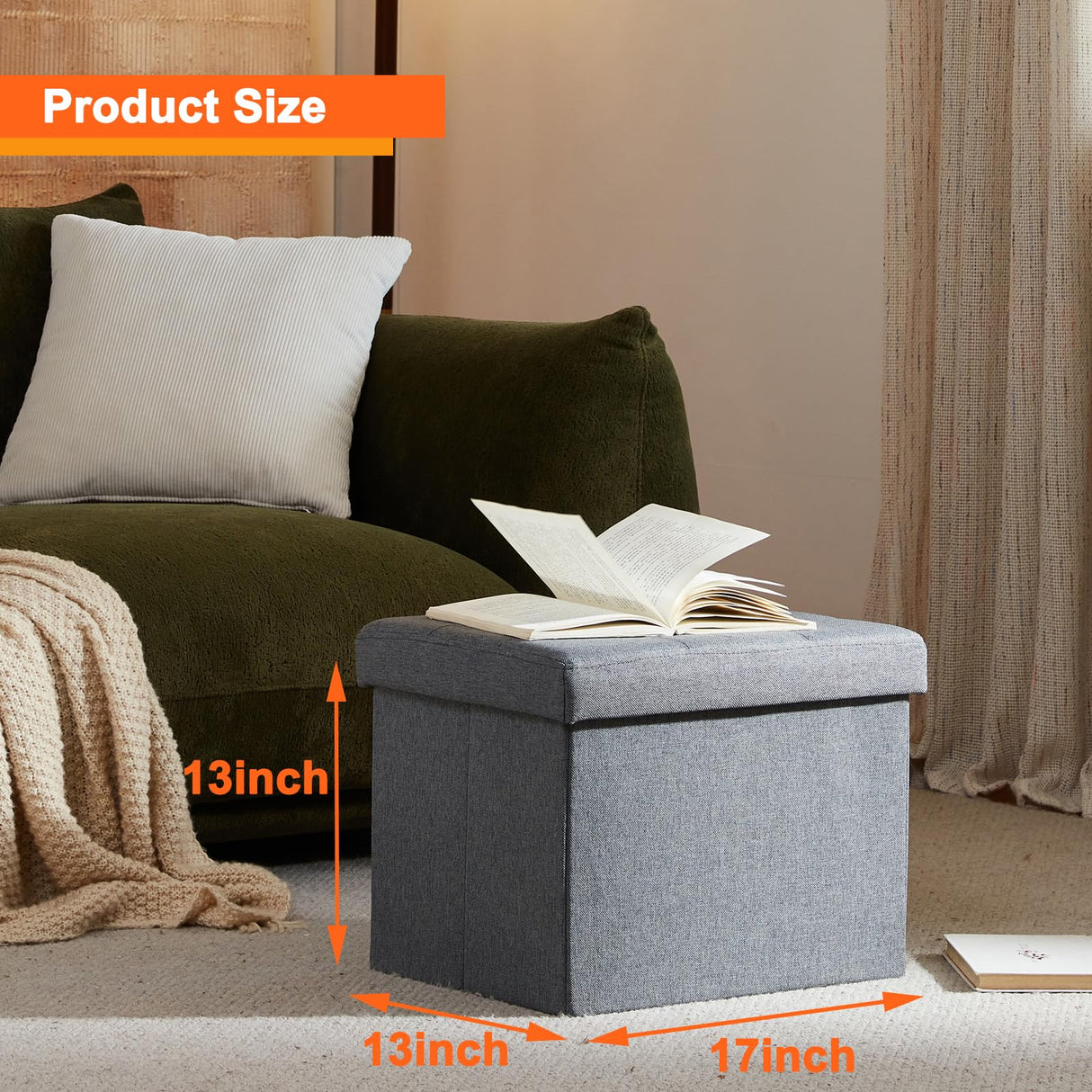 ALASDO Ottoman Storage Ottoman Footrest Stool Small Ottoman with Storage Foldable Ottoman Foot Rest Footstool Bench for Living Room 17x13x13inches Grey ALASDO