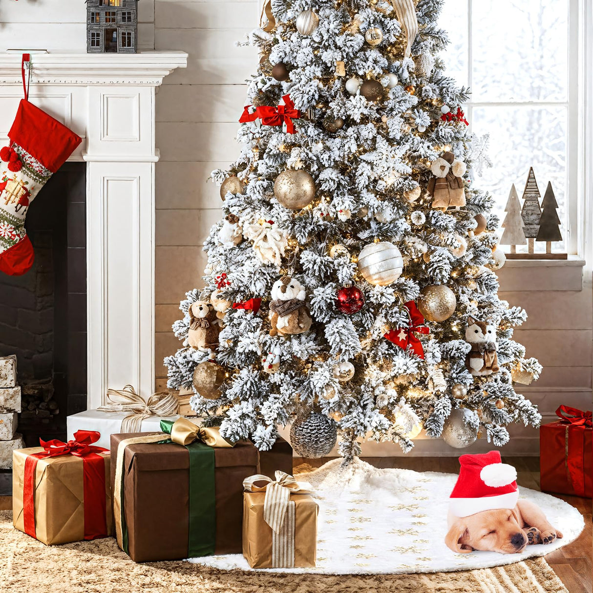 Christmas Tree Skirt 36 Inch, Holiday Part Decorations for Christmas Tree, Whit Plush Gold Sequin Snowflake Tree Shirt for Xmas SRISE