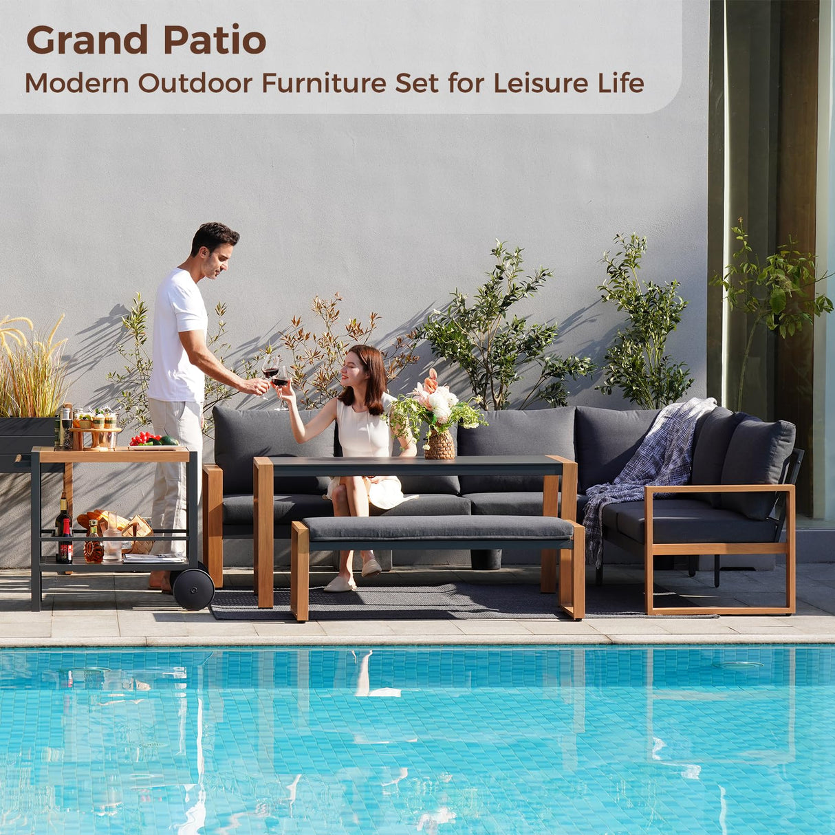 Grand patio Aluminum Patio Furniture Set, L Shaped Outdoor Sectional Sofa with Dining Table and Bench, Modern Outdoor Conversation Couch with Chaise, Faux Wood Grain Finish Grand patio