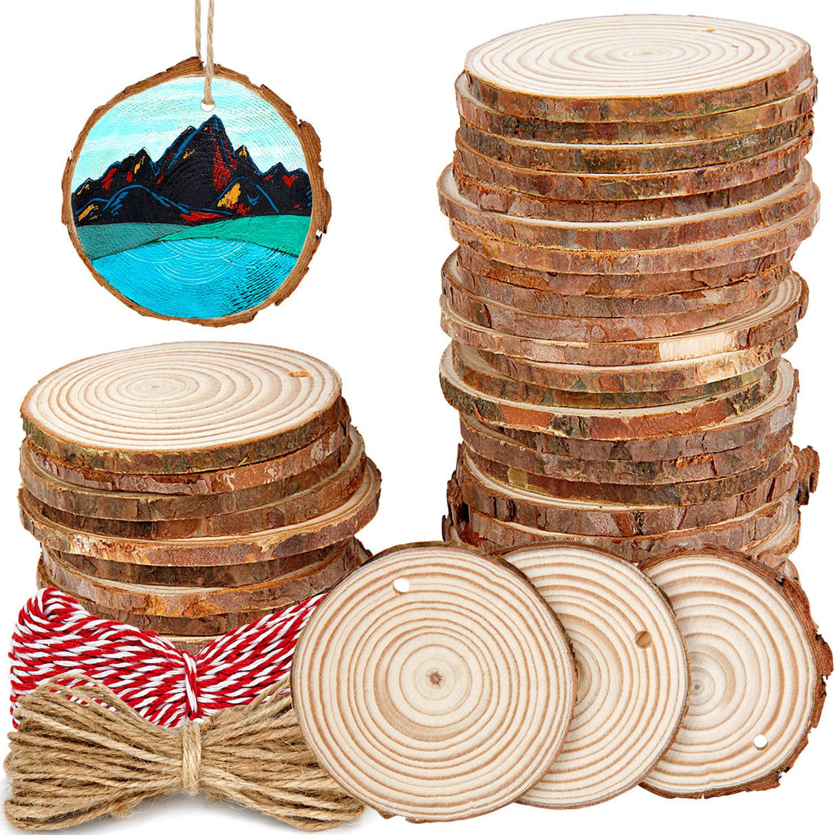 100 Pieces 2.4"-2.8" Natural Wooden Slices, Colovis Unfinished Wood Circles with Holes Tree Bark Round Log Discs DIY Crafts Hanging Ornaments (2.4"-2.8" 100Pcs, Natural) Colovis